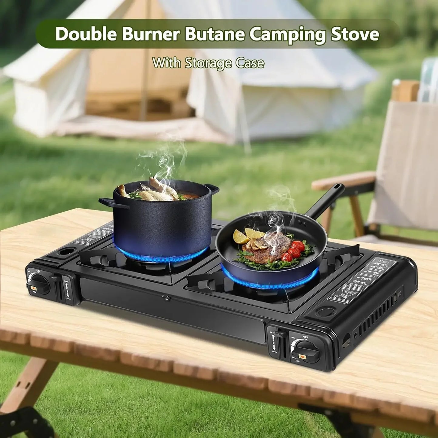 Double Burner Butane Stove, Butane Camping Stove Kit with Baking Pan and Carrying Case,Portable Auto Ignition Camping Burner LPG