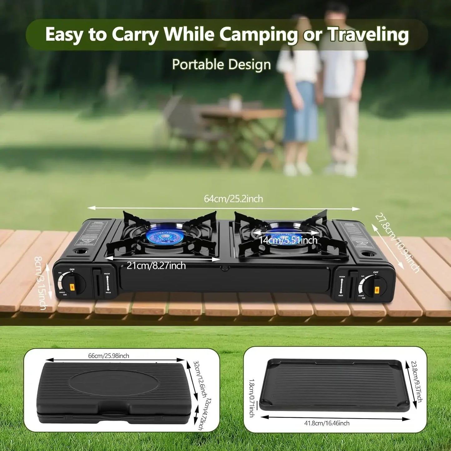 Double Burner Butane Stove, Butane Camping Stove Kit with Baking Pan and Carrying Case,Portable Auto Ignition Camping Burner LPG