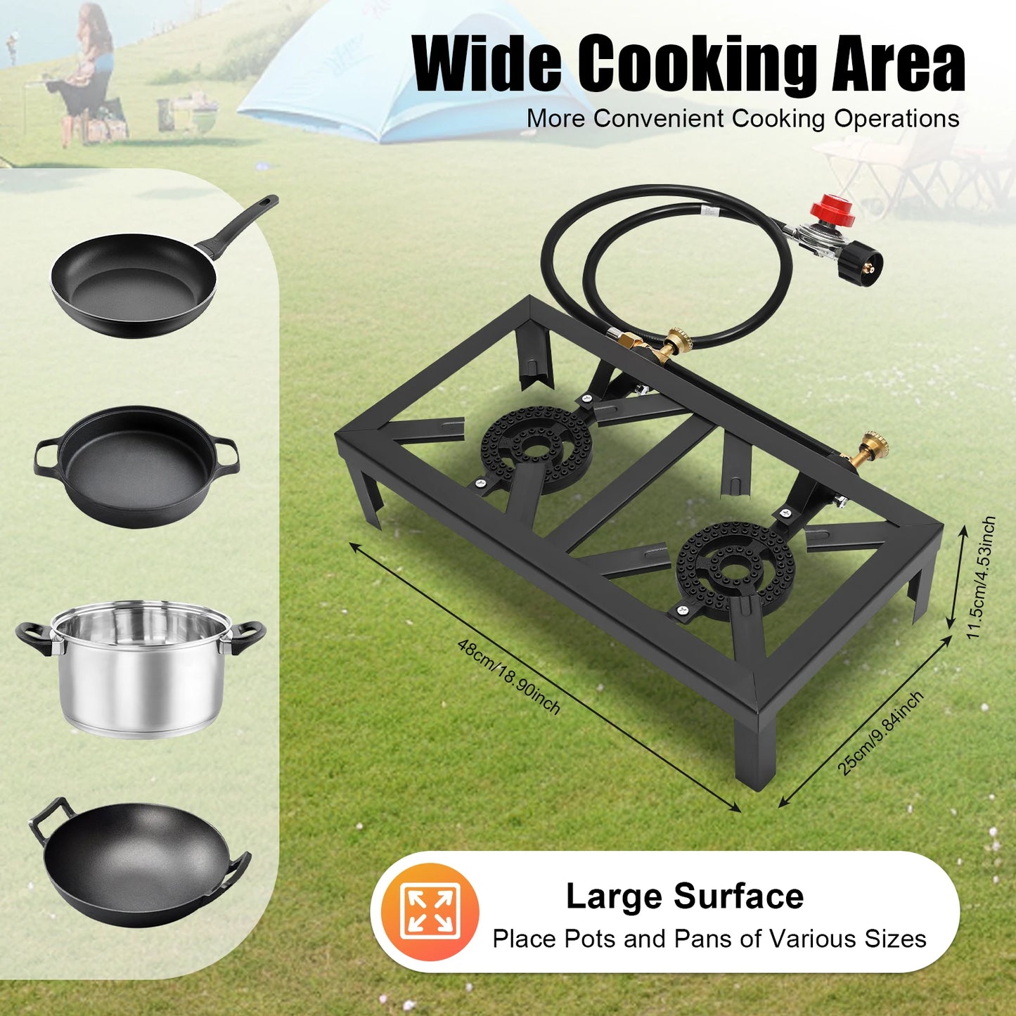 8000 W Camping Double Burner Stove, Portable Outdoor Gas Stove Propane Cooker with Regulator Hose (0-10PSI), for Camping, BBQ
