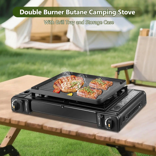 Double Burner Butane Stove, Butane Camping Stove Kit with Baking Pan and Carrying Case,Portable Auto Ignition Camping Burner LPG