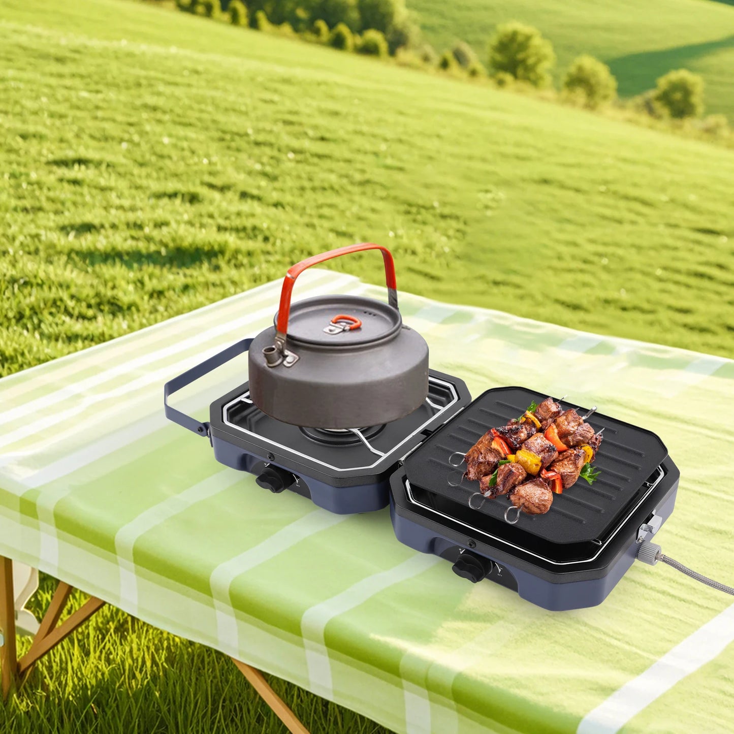 Camping Stove with Grill Pan, Foldable Camp Stove, 2-Burners Portable Stove for Camping, BBQ