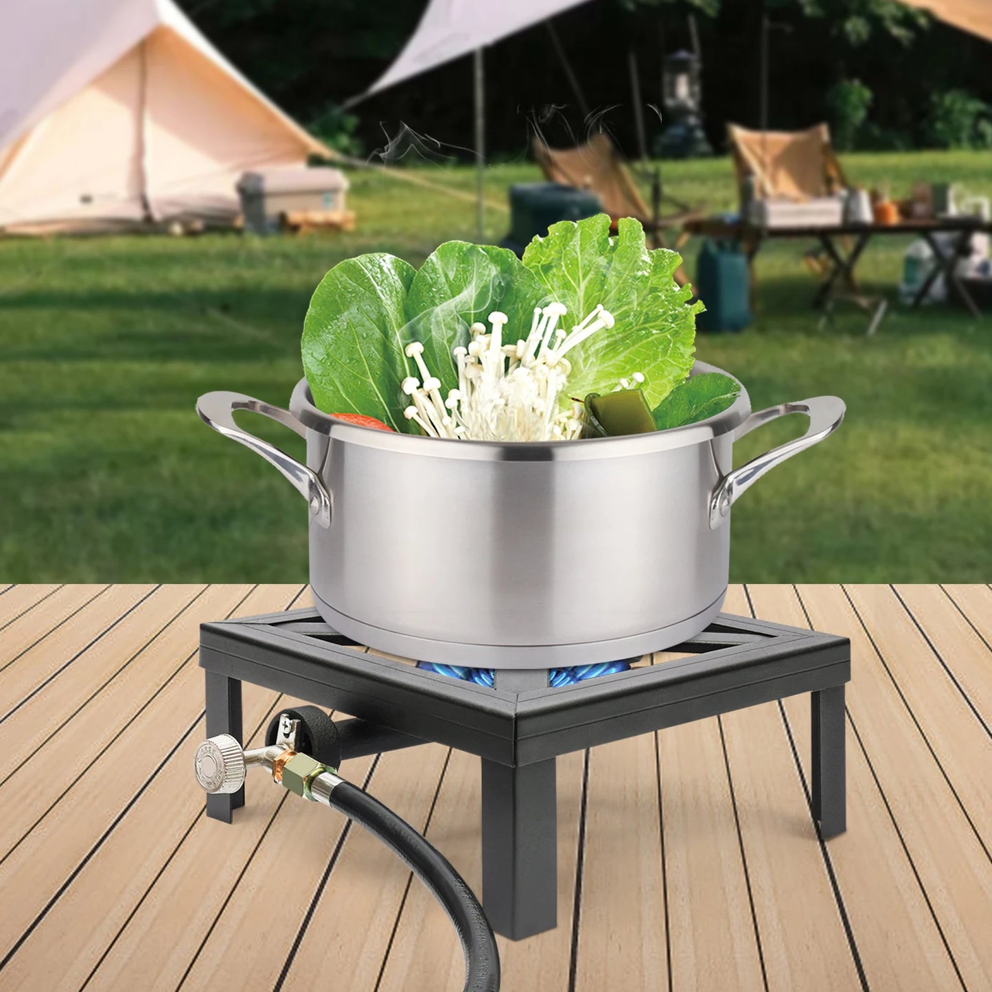 Portable Single Burner Gas Stove Outdoor Propane Cooker with Adjustable 0-20Psi Regulator Hose for Patio Camping, BBQ
