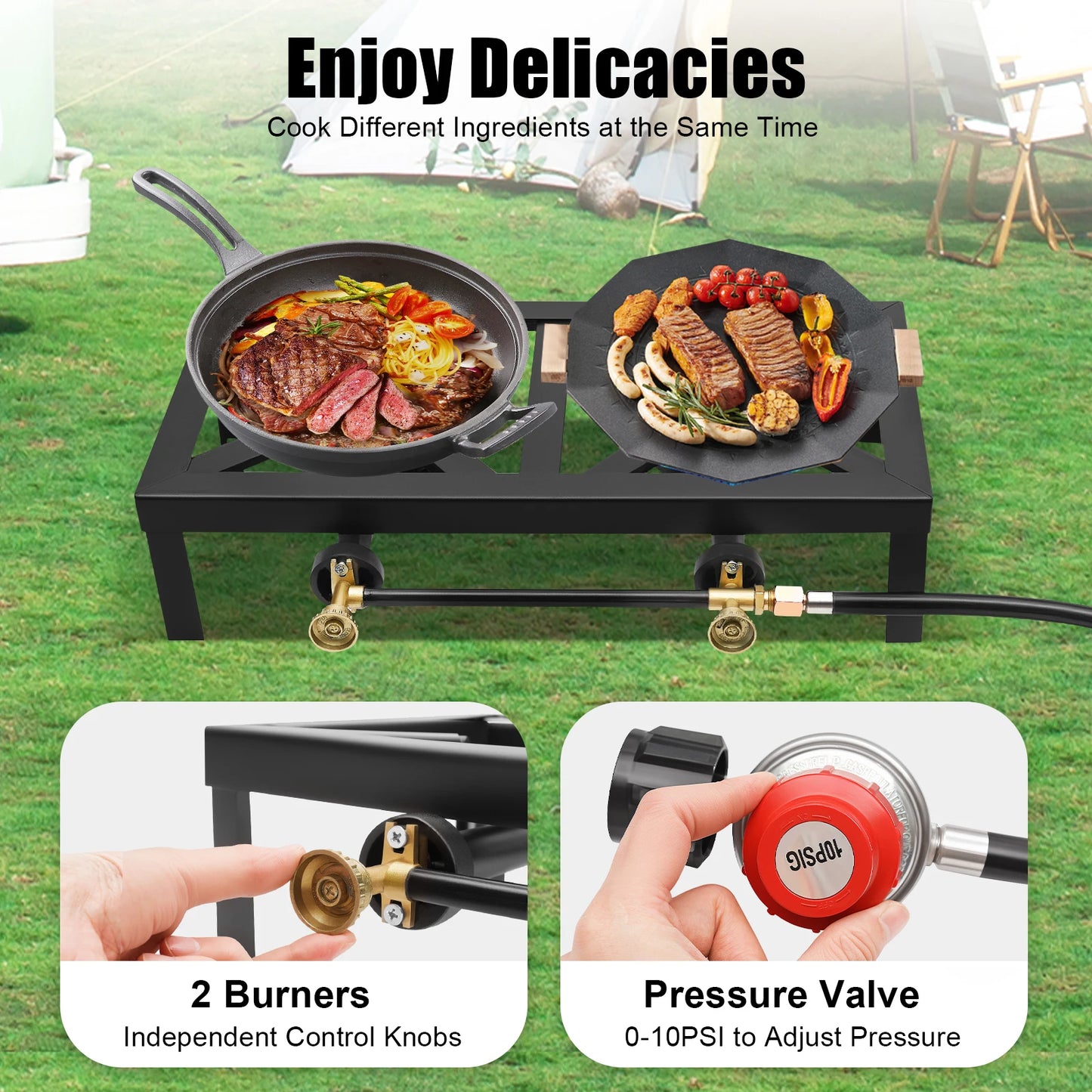 8000 W Camping Double Burner Stove, Portable Outdoor Gas Stove Propane Cooker with Regulator Hose (0-10PSI), for Camping, BBQ