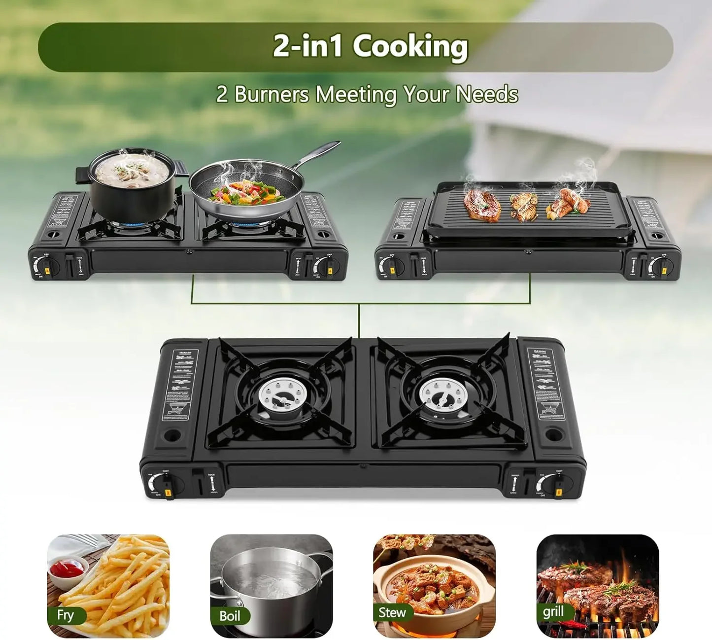 Double Burner Butane Stove, Butane Camping Stove Kit with Baking Pan and Carrying Case,Portable Auto Ignition Camping Burner LPG